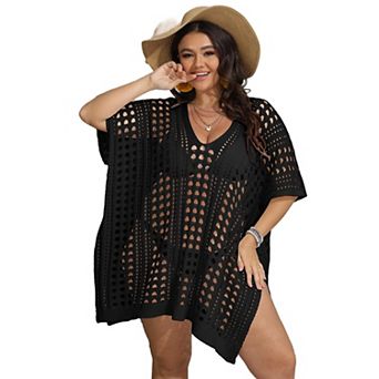 Womens Plus Size Cover Up V-Neck Crochet Beach Dresses Short Sleeve Bathing Suit Cover Up