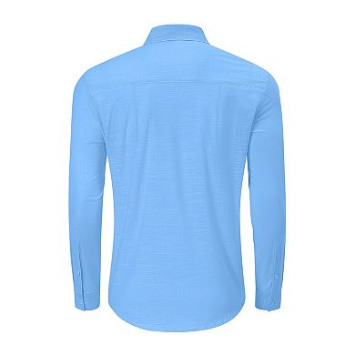 Men's Linen Shirts Casual Button Down Long Sleeve Solid Spread Collar with Pocket