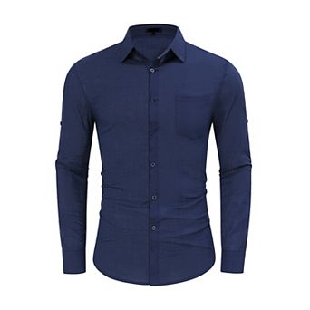 Men's Linen Shirts Casual Button Down Long Sleeve Solid Spread Collar with Pocket