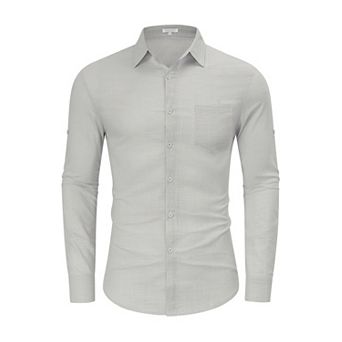 Men's Linen Shirts Casual Button Down Long Sleeve Solid Spread Collar with Pocket