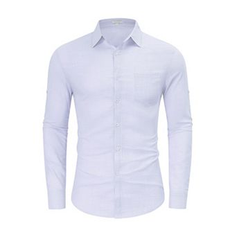 Men's Linen Shirts Casual Button Down Long Sleeve Solid Spread Collar with Pocket