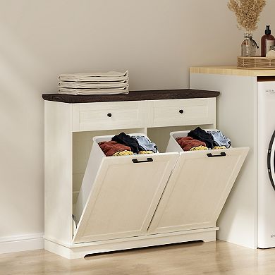 20 Gallon Double Tilt Out Trash Can Cabinet, White and Brown