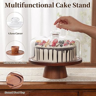 Great Ambitions Acacia Wood Cake Stand with Glass Dome, 11 Inch, Magnetic Base