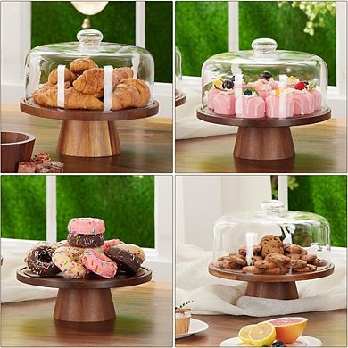 Great Ambitions Acacia Wood Cake Stand with Glass Dome, 11 Inch, Magnetic Base