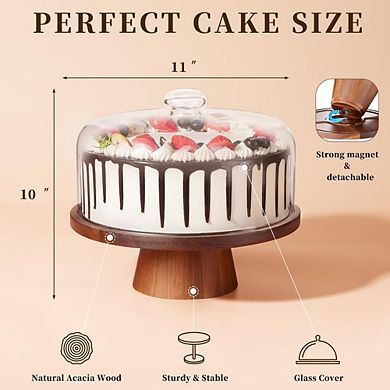 Great Ambitions Acacia Wood Cake Stand with Glass Dome, 11 Inch, Magnetic Base