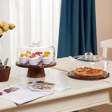 Great Ambitions Acacia Wood Cake Stand with Glass Dome, 11 Inch, Magnetic Base