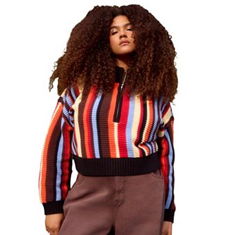 ELOQUII Women's Plus Size Striped Zipper Front Pullover
