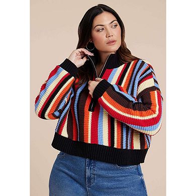 ELOQUII Women's Plus Size Striped Zipper Front Pullover
