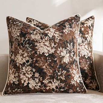 Pack of 2 Vintage Floral Throw Pillow Covers 18x18 Boho Farmhouse Accents Chenille Square Decorative