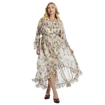 June + Vie Women's Plus Size Ruffle Detail Maxi Shirt Dress