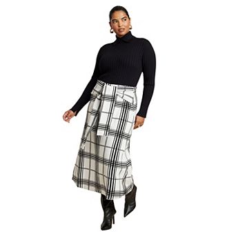 ELOQUII Women's Plus Size Plaid Midi Sweater Skirt With Sleeve Ties