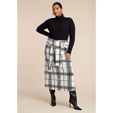 ELOQUII Women's Plus Size Plaid Midi Sweater Skirt With Sleeve Ties