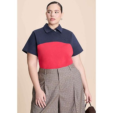 ELOQUII Women's Plus Size Asym Zipper Neck Polo Shirt
