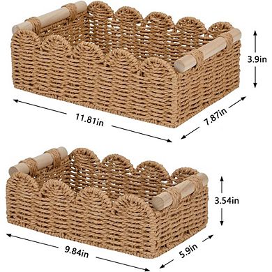 Great Ambitions Set of 2 Neutral Paper Rope Baskets with Scalloped Edge, Storage & Decor