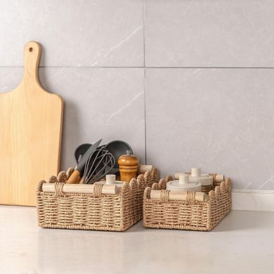Great Ambitions Set of 2 Neutral Paper Rope Baskets with Scalloped Edge, Storage & Decor