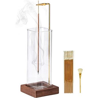 Great Ambitions Wooden Incense Holder with Glass Ash Catcher, 20 Sticks & Brush Included
