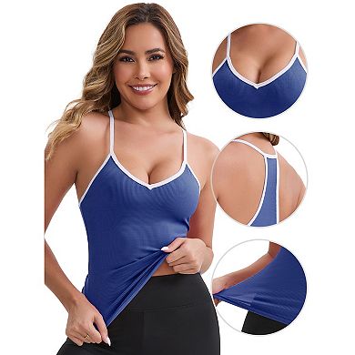 Women's V-Neck Spaghetti Straps Tank Top Slim Fit Solid Elastic Cropped Athletic Camisoles