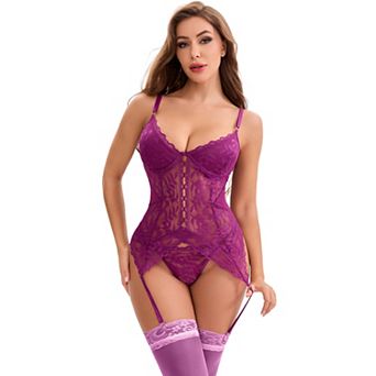 Women's Lace Mesh Lingerie Sets Push-Up Hourglass Corset and Adjustable Thigh Straps Garter Belt