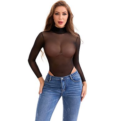 Women's Mesh Tight High Neck See Through Jumpsuits Slimming Tummy Control Long Sleeve Bodysuit