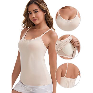 Women's Spaghetti Straps Flowy Swing Camisole with Padded Comfortable Long U-Neck Wrinkled Tank Top