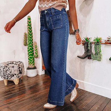 Sail Blue Wide Leg Pocketed High Waist Jeans