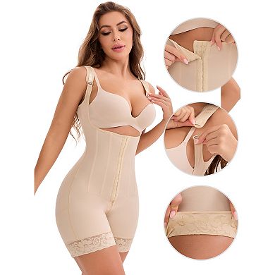 Women's Lace Trim Open-Bust Adjustable Straps Front Hooks Tummy Control Hip Lifter Bodysuits