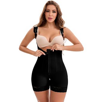 Women's Lace Trim Open-Bust Adjustable Straps Front Hooks Tummy Control Hip Lifter Bodysuits