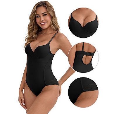 Women's Sheer Mesh with Padded Body Shaper Back Hook Closure Spaghetti Straps Tummy Control Leotard