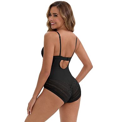 Women's Sheer Mesh with Padded Body Shaper Back Hook Closure Spaghetti Straps Tummy Control Leotard