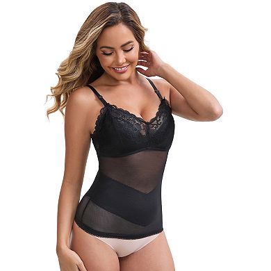 Women's Lace Mesh See Through V-Neck Control Cami Padded Adjustable Spaghetti Straps Breathable Tank