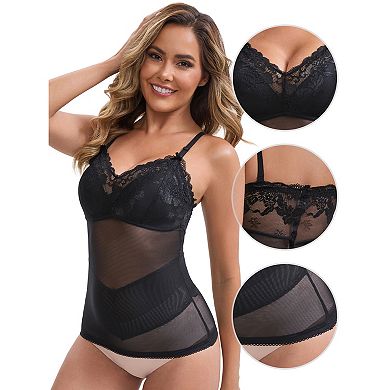 Women's Lace Mesh See Through V-Neck Control Cami Padded Adjustable Spaghetti Straps Breathable Tank