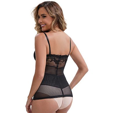 Women's Lace Mesh See Through V-Neck Control Cami Padded Adjustable Spaghetti Straps Breathable Tank
