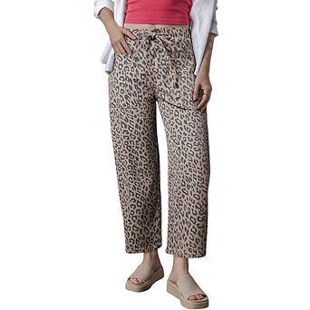 Khaki Leopard Printed Drawstring Elastic Waistband Pocketed Wide Leg Jeans