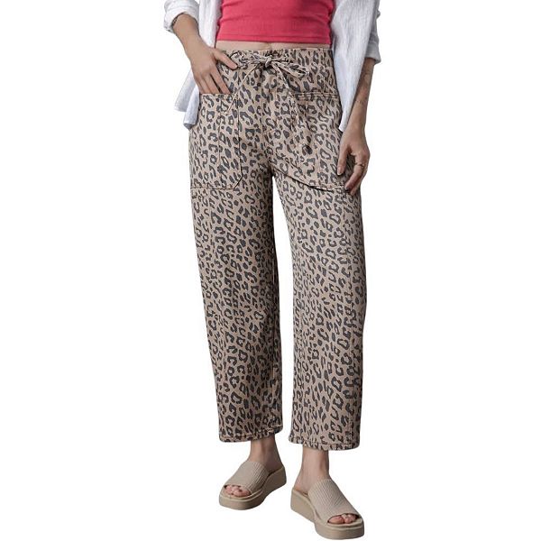 Khaki Leopard Printed Drawstring Elastic Waistband Pocketed Wide