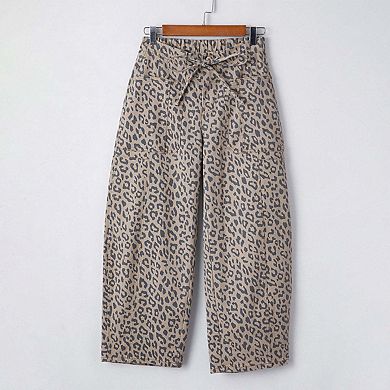 Khaki Leopard Printed Drawstring Elastic Waistband Pocketed Wide Leg Jeans