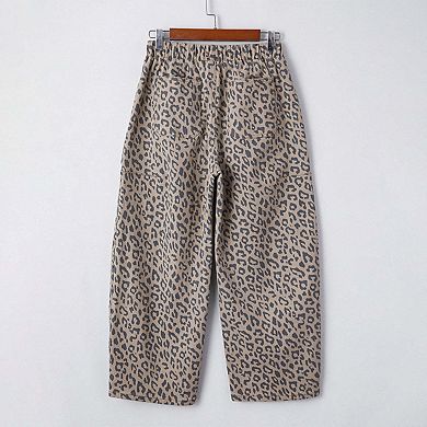 Khaki Leopard Printed Drawstring Elastic Waistband Pocketed Wide Leg Jeans