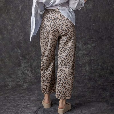 Khaki Leopard Printed Drawstring Elastic Waistband Pocketed Wide