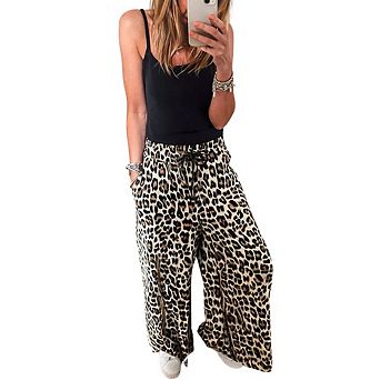 Parchment Leopard Drawstring Elastic Waistband Flowy Wide Leg Pants
