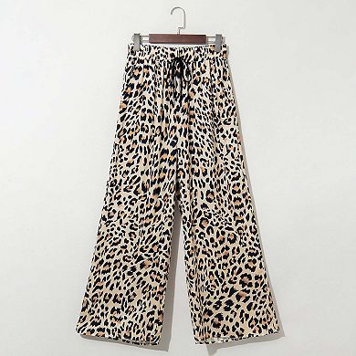 Parchment Leopard Drawstring Elastic Waistband Flowy Wide Leg Pants
