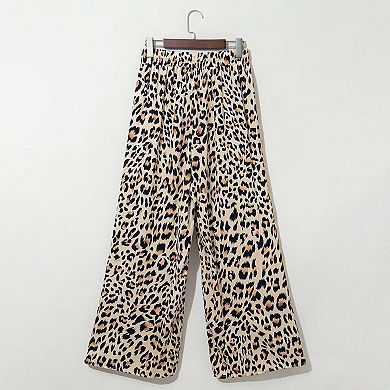 Parchment Leopard Drawstring Elastic Waistband Flowy Wide Leg Pants
