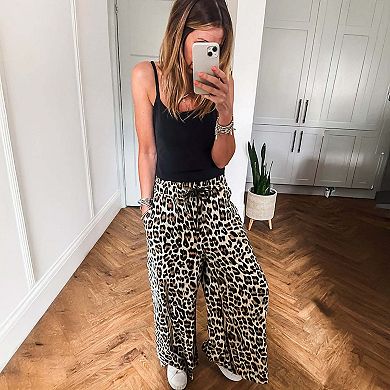 Parchment Leopard Drawstring Elastic Waistband Flowy Wide Leg Pants