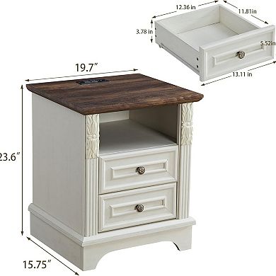 Nightstand with Charging Station, Farmhouse End Side Table, Smart LED Night Stand for Bedroom