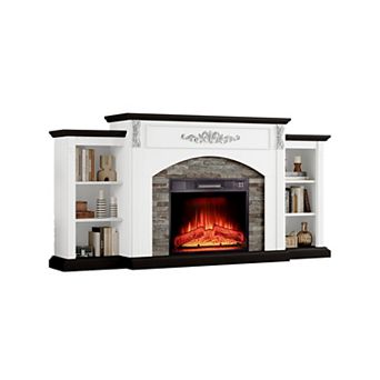 72" Farmhouse Fireplace TV Mantel Stacked Stone with Media Storage for 80" TVs