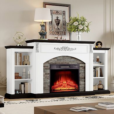 72" Farmhouse Fireplace TV Mantel Stacked Stone with Media Storage for 80" TVs