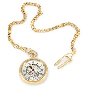 Peugeot Mens 14K Gold Plated Deco Skeleton Dial Vintage Pocket Watch with Clip-On Chain