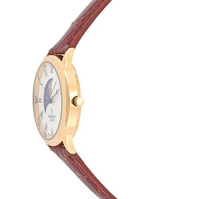 Peugeot Mens Round 38mm Sun-Moon Leather Strap watch