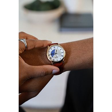 Peugeot Mens Round 38mm Sun-Moon Leather Strap watch