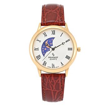 Peugeot Mens Round 38mm Sun-Moon Leather Strap watch