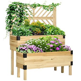 2 tier Wooden Raised Garden Bed with Trellis, Elevated Planter Box with Legs