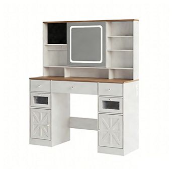 Large Vanity Desk with Mirror & Lights, 5 Drawers & Hidden Storage, Charging Station, White